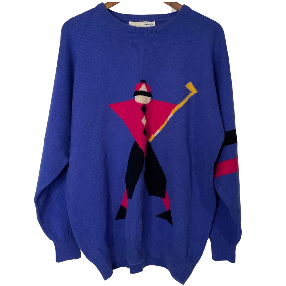 Nick Faldo Pringle Vtg. 80s Golf Geometric 100% Wool; Sweater Blue, Pink, Black